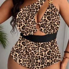 Shein Plus Size Women Leopard Print Halter Metal Decor Sexy One-Piece Swimsuit