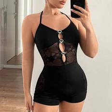 Lace Jumpsuits & Overalls Shein Halter Neck Hollow Out Rhinestone Decor Lace Panel Jumpsuit - Black