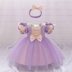 Purple Dresses Shein Baby Girls Purple Puff Sleeve Embroidery Mesh Luxurious Princess Dress - Purple