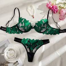 Solid Colours Lingerie Sets Shein Maple Leaf See-Through Lingerie Set - Dark Green