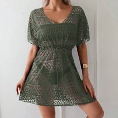 Badeanzug Cover Ups & Sarongs Shein Damen Urlaubs Ausschnitt Taillenschnürung Kurzarm Strandkleid