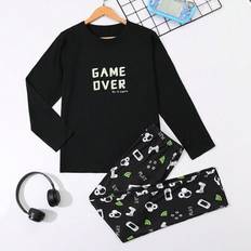 Black Pyjamases Shein Teen Boy Comfortable Letter Print Long Sleeve Top And Pajama Pants Set - Autumn