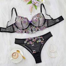Shein Plus Size Women Contrast Color Embroidered Sexy Lingerie Set - Women's