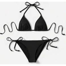 Elastane/Lycra/Spandex Bikini Sets Shein 2025 Solid Color Halter Top & Tie Back Bottom Bikini Set - Summer Beach Vacation