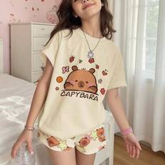 Multicoloured Pyjamases Shein Tween Girls Casual Minimalist Round Neck Short Sleeve Shorts Pajamas - Summer