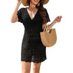 Elastane/Lycra/Spandex Swimsuit Cover-Ups & Sarong Wraps Shein Women's Bikini Cover Ups Short Sleeve Deep V Neck Solid Color Swimsuit Cover Up Summer Mini Dress