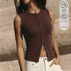 Shein Summer Casual Solid Color Knitted Sleeveless Round Neck Fitted Button Front Tank Top - Brown