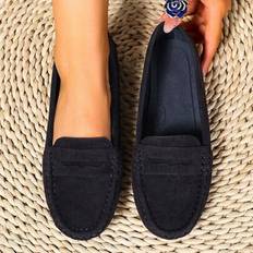 Loafers Shein Women Suede Knit Flat Shoes - Navy Blue
