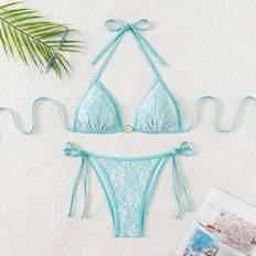 Lace Swimwear Shein Floral Lace Halter Triangle Bra & Tie Side Bikini Bottom Set - Summer