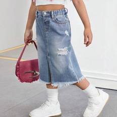 Skirts on sale Shein Young Girl Y2K Blue Distressed Frayed Hem Fitted Denim Skirt - Blue