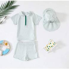 UV Sets Children's Clothing Shein Baby Boy Summer Outdoor Quick-Dry Milk Silk Striped Round Neck Front Zipper Short Sleeve Swimsuit - Shorts