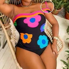 Florals Tankinis Shein Plus Size Women Floral Print Black Base Halter Tankini Top - Black
