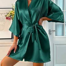 Robes on sale Shein Women Solid Color Elegant Tie-Waist Short Satin Robe - Autumn/Winter