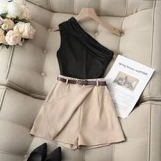 Black - Women Suits Shein Franclia 2 Pieces Set - Black Ruffled One Shoulder Casual Top And Khaki Faux Pocket Skort With Belt