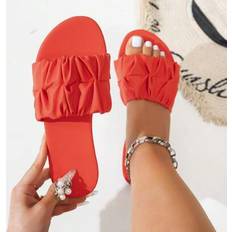 Red Sandals Shein Wide Fit Women Fashion Square Toe Pleated Flat Sandals - Red