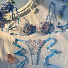 Shein Women Sky Blue Embroidered Lace-Up Lingerie Set