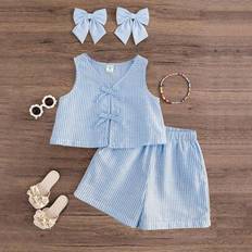 Shein Young Girl Woven Striped Round Neck Top And Woven Shorts - Young Girl
