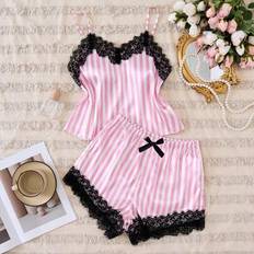 Shein Tween Girls Elegant Lace Patchwork Striped Floral Print Fabric Camisole With Bowknot And Short Two-Piece Sleepwear Set - Indoor Wear