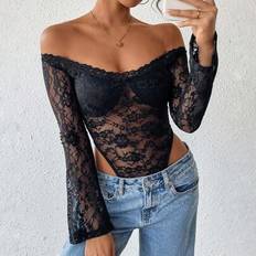 Lace Shapewear & Under Garments INAWLY Off Shoulder Lace Flared Sleeve Sheer Bodysuit - Black