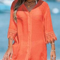 Lace Shirts Shein Women's Vacation Solid Color Lace Cuff Single-Breasted Long Shirt