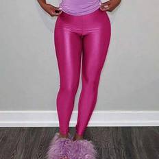 Pink - Women Leggings Shein Elastic Waist Shiny Leggings - Glitter