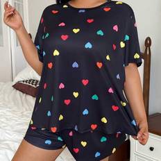 Shein Colorful Heart Print Crew Neck Short Sleeve Pajamas Set