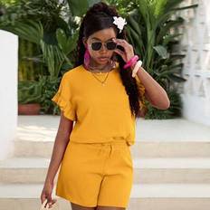 Yellow Other Sets Shein Teen Girl Teen Girl Textured Short Sleeve Top - Yellow Pure Color