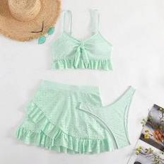 Polyester Bikini Sets Shein Women's Summer Beach Solid Color Laser Cut Embroidery Twist Front Bikini Swimwear - Mini Skirt