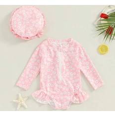 UV Suits Children's Clothing Shein Baby Girl Rash Guard Swimsuit Rompers Long Sleeve Floral Print Ruffles Bathing Suit - Floral Print