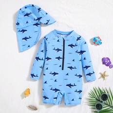 12-18M UV Clothes Shein Baby Boy Summer Casual Holiday Cute Knit Cartoon Shark Print Rash Guard Swimsuit And Sun Hat Set - Suitable For Beach