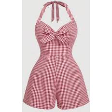 Checkered - Women Jumpsuits & Overalls Shein Plus Size Women Cute Plaid Halter Tie Front Romper