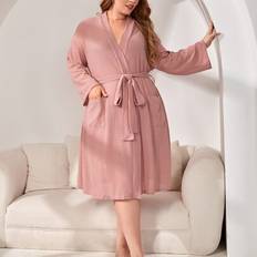 Shein Plus Double Pocket Drop Shoulder Waffle Knit Belted Robe