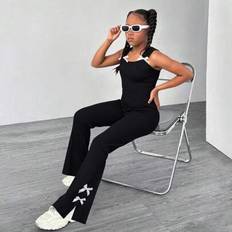 Jumpsuits Children's Clothing Shein Girls Summer Sleeveless Bow Design Casual Jumpsuit - Black/White