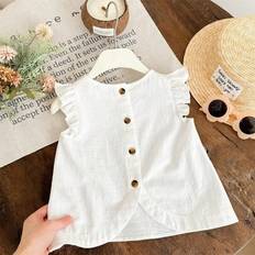 Blouses & Tunics Children's Clothing on sale Shein Baby Girl Woven Solid Color Ruffle Trim Fitted Top