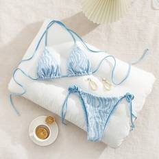 Shein Soft Fabric Blue Special Material Spaghetti Strap Backless Sexy Party Bikini Set - Blue