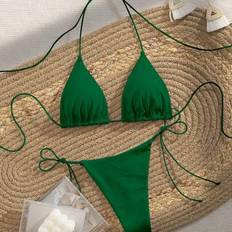 Shein Soft Solid Color Spaghetti Strap Halter Backless Party Bikini Set - Dark Green