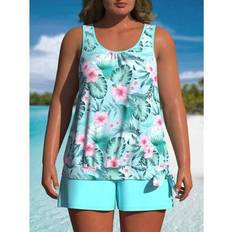 Shein Plus Size Women's Tankini Set Tank Top Shorts - Sky Blue Floral Print