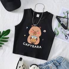 Shein Tween Girls Cute Capybara Drinking Bubble Tea Print Round Neck - Black