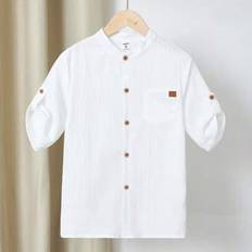 Buttons Shirts Shein Travel Tween Boys White Short Sleeve Small Stand Collar Wave Textured Shirt - Khaki
