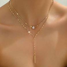 Shein Gold Y-Shaped Design Layered Necklace - Rhinestones/Faux Pearl