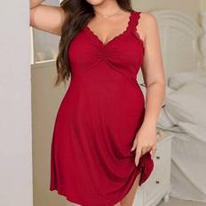Shein Große Damen Spitzenbesatz Gerafftes Strick-Camisole-Nachthemd - Weinrot