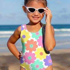 Shein Young Girls Casual Simple Cartoon Floral Print One-Piece Swimsuit - Summer