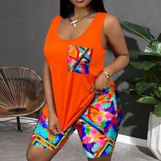 Multicoloured - Women Suits Shein Plus Size Women Casual Colorful Printed Contrast Two Pieces Vest & Shorts Set - Summer