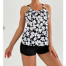 Stretch - Women Tankinis Shein Leaf Printed Circle Ring Tankini Top And Boy Shorts Set - Summer