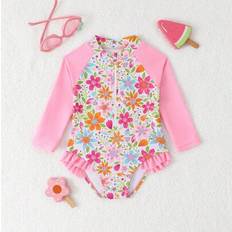 UV Suits Shein Toddler Girls Flower Print Long Sleeve Zipper One-Piece Swimsuit - Cute Ruffle Trim