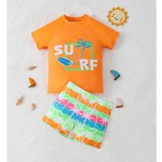 UV Sets Shein Young Boy Palm Tree Print Short Sleeve Top And Shorts Swimsuit Set