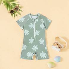9-12M Swimwear Shein Baby Boy Cartoon Sea Turtle Pattern Short Sleeve One-Piece Swimsuit - Summer Beach