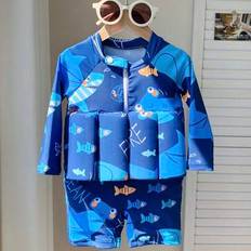 Shein Baby Boys Girls Blue Cartoon Dinosaur Print Soft Knitted Round Neck Long Sleeve Buoyancy Swimsuit - Blue