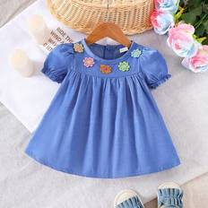 Shein Baby Girl Casual Cute 3D Flower Blue Dress - Blue