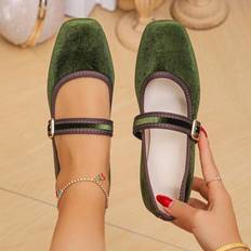 Green - Women Ballerinas Shein Vintage Mary Jane Canvas Square Toe Flat Slip-On - Green